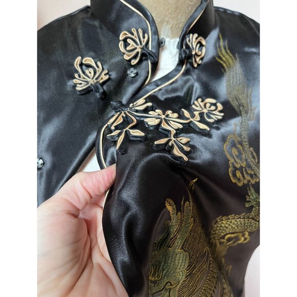 Black Satin NWT Dragon & Phoenix Embroidered Qipao Cheongsam Maxi Dress S/M - Picture 7 of 10
